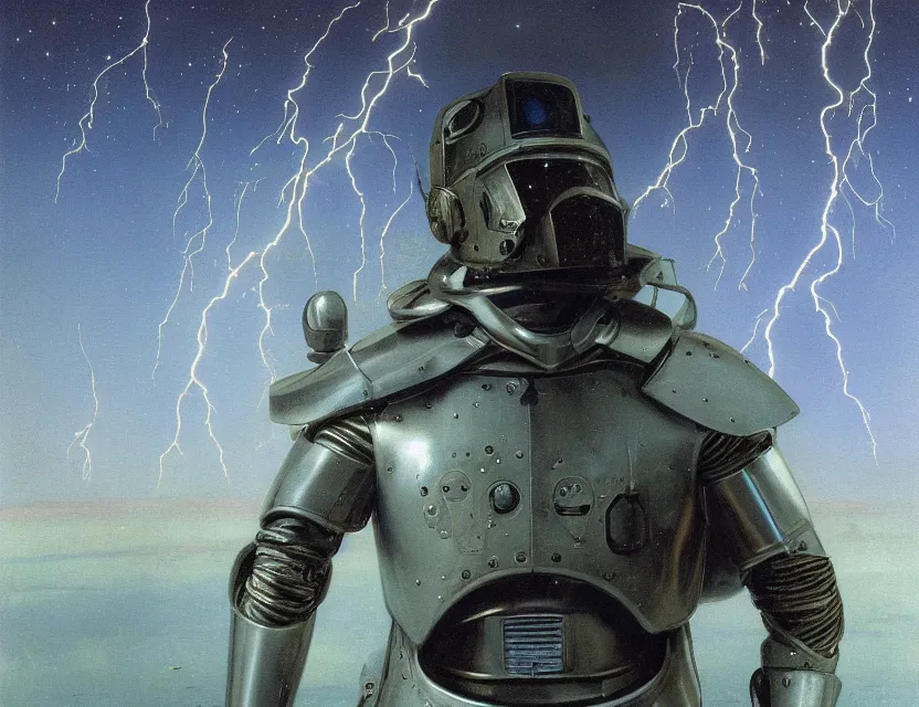 Image similar to a detailed portrait painting of a lone bounty hunter wearing combat armour and a reflective visor. Head and chest only. Movie scene, cinematic sci-fi scene. Flight suit, cloth and metal, accurate anatomy. portrait symmetrical and science fiction theme with lightning, aurora lighting. clouds and stars. Futurism by beksinski carl spitzweg moebius and tuomas korpi. baroque elements. baroque element. intricate artwork by caravaggio. Oil painting. Trending on artstation. 8k