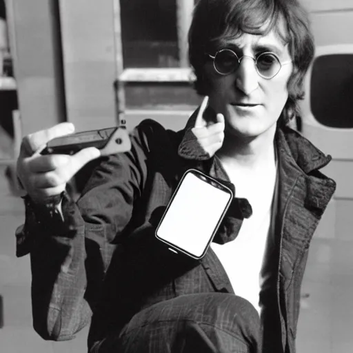 Image similar to photo of john lennon holding a smartphone in his hand