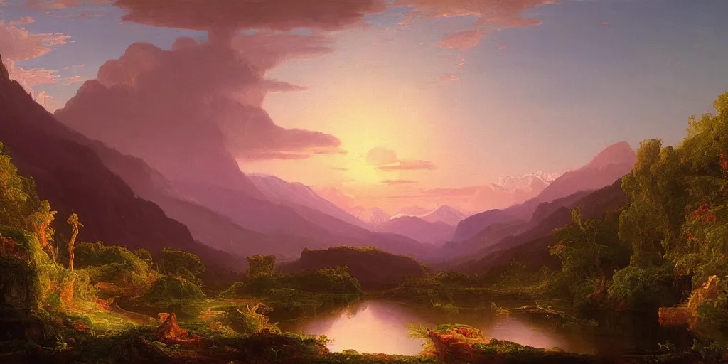 Prompt: a stunning painting of a mountain vista with a river flowing to a lake and forest, vibrant sunset, by thomas cole, oil on canvas, highly detailed, 4 k, hd