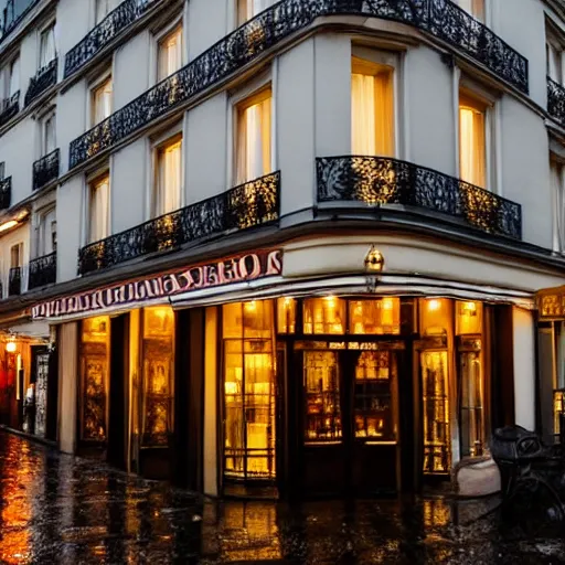 Prompt: Photo of a traditional Parisian hotel during a rainy night, Paris