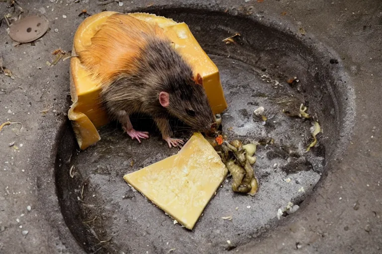 Prompt: a giant mutant disgusting rat eating cheese in a sewer, photograph, terror, horror, mutant, scary,