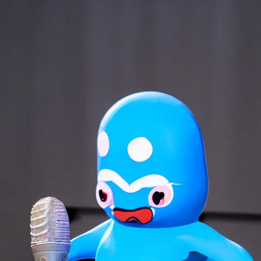 Prompt: a small smooth blue creature in the shape of a sausage stands on a huge microphone on the stage