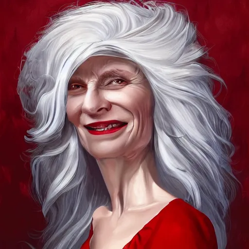 Prompt: middle-aged witch, grinning, foxy, sharp features, big whitened hair, sleeveless red dress, highly detailed, digital painting, artstation, concept art, smooth, sharp focus, beautiful face, expressive eyes, illustration, art by Tomasz Bagiński and Tomasz Baginski