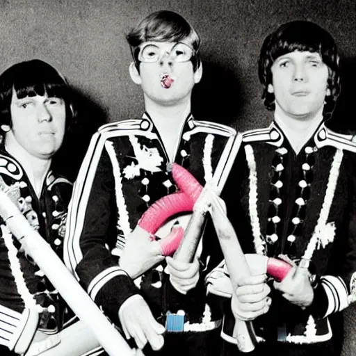 Image similar to 1 9 6 0 s photograph of a 4 piece white male psychedelic rock band in peppermint themed sailor outfits posing with instruments in a set that resembles sgt. pepper's lonely hearts club band