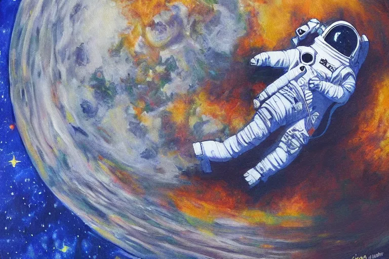 Image similar to A painting of an astronaut laying on the moon looking at earth in the style of Flooko, acrylic art, detailed,