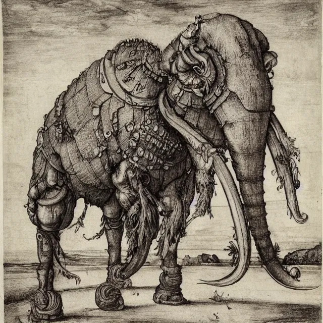 Image similar to a detailed, intricate drawing of a heavily armored mammoth on a beach, by albrecht durer