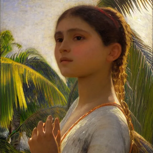 Image similar to a ultradetailed beautiful painting of a girl in the amazonas palace balustrade designed by jules bastien - lepage, tarsila do amaral, frank weston and gustave baumann, beach, trending on artstation, mediterranean, palm trees, hyper detailed face, sharp focus, soft light, 8 k 4 k