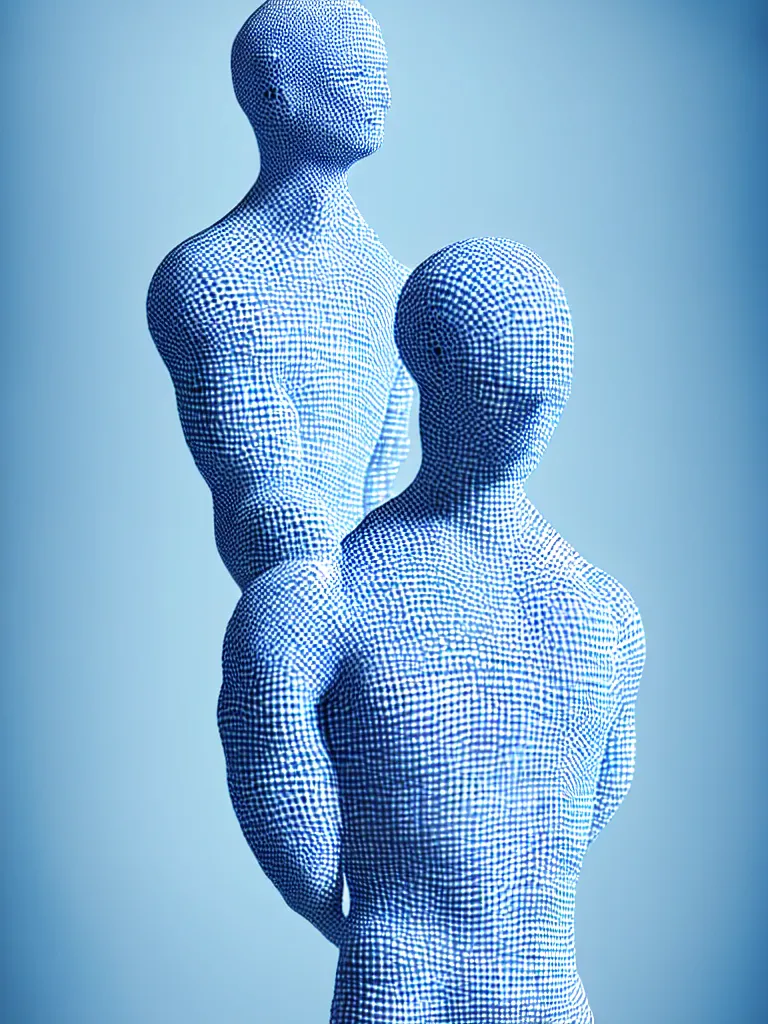 Image similar to a fine art photograph formal self sculpture by the artist kelbv, in distinct hyper realistic style with tubes neatly navigating the contours of his body, and fragmented body littered with light blue and white gingham spheroids, perfect bright studio lighting.