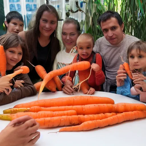 Prompt: family of humanoid carrot cannibals sit at a table with a single carrot at the center, photograph