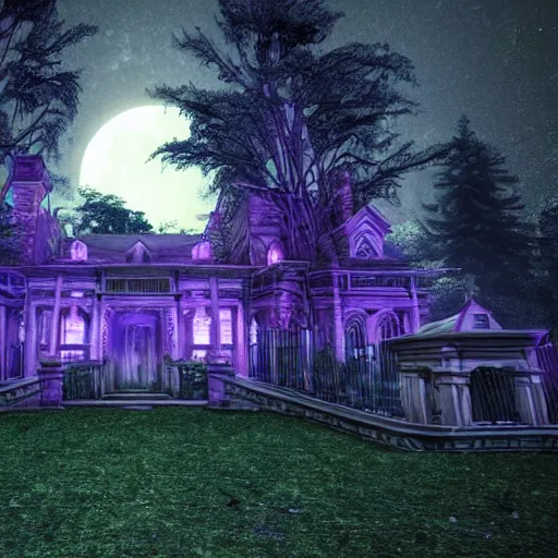 Image similar to Haunted Mansion in a dark forest dead trees moon lit sky spooky depth of field cinematic view Vray 8K HDR Vines Tombstones architecture garden with roses windows glowing purple eerie render