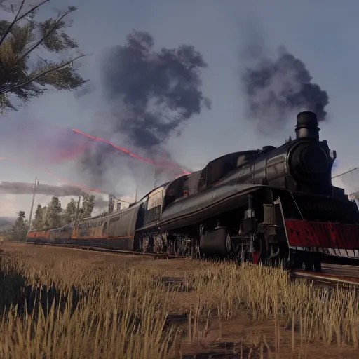 Prompt: futuristic sleek steam locomotive in red dead redemption 2