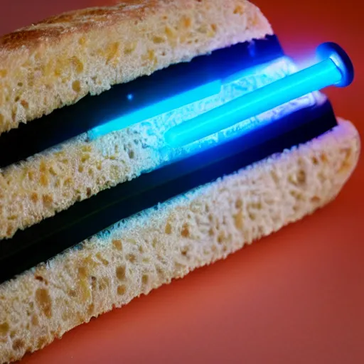 Image similar to an extremely high quality photo of a surreal neon-lightsaber-sandwich, the polymer clay ((sandwich)) creation, a hybrid mixture of sandwichlightsaberneons and lightsaberneonTUBE fillings, neon tubes drizzled on top, lightsaber filling, glowing filling, promotional photo, 4k polymer clay food photography