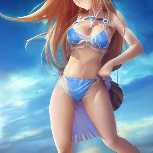 Image similar to a very beautiful mature yuuki asuna, full body, long wavy blond hair, sky blue eyes, full round face, bikini, miniskirt, front view, cute pose, highly detailed, cinematic wallpaper by stanley artgerm lau