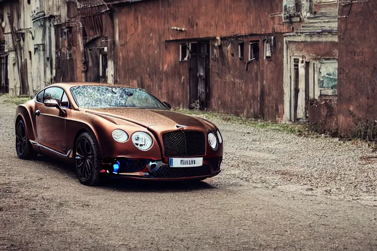 Image similar to modern rusty matte tired Bentley Continental GT without gloss no reflections drives along the road of an old Russian village with houses at the edges