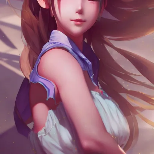 Image similar to full body shot of aerith gainsborough by WLOP, rossdraws, Logan Cure, Mingchen Shen, BangkuART, sakimichan, yan gisuka, JeonSeok Lee, zeronis, Chengwei Pan on artstation