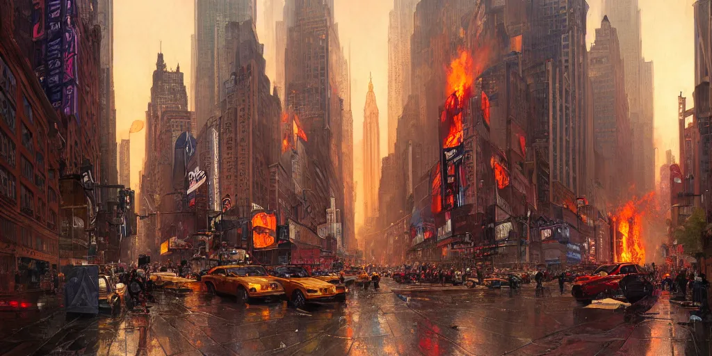 Prompt: New York on fire, by Stanley Artgerm Lau , greg rutkowski, thomas kindkade, alphonse mucha, loish, norman rockwell