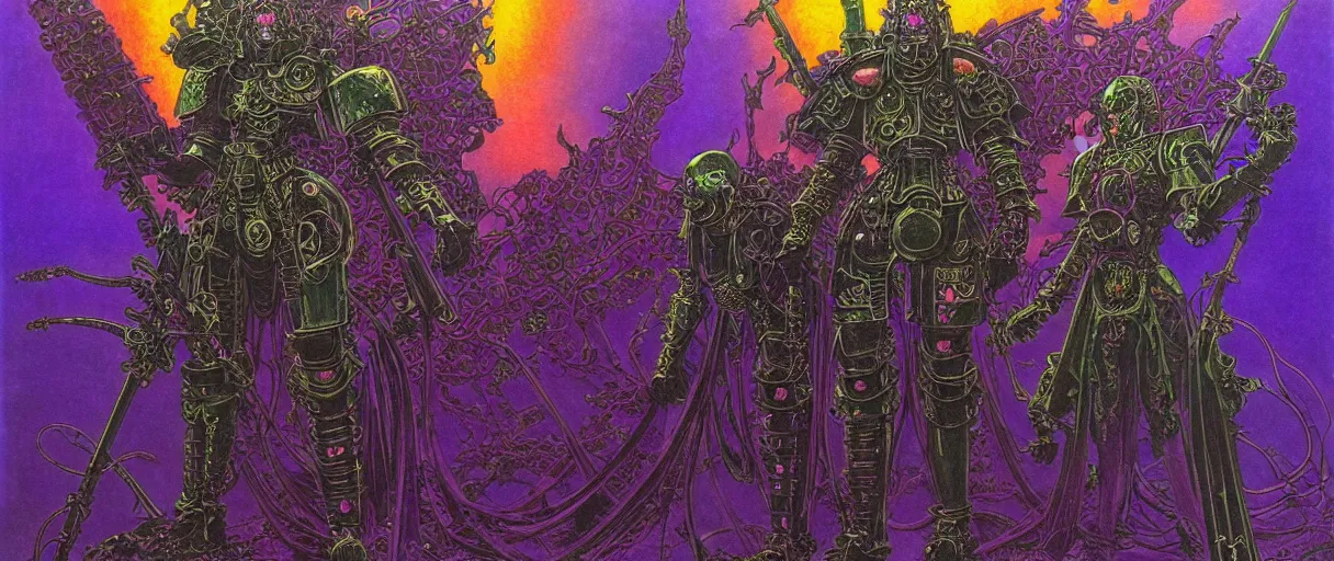 Prompt: composition of gothic and futuristic, warhammer, cyber japan armor, many scars, many mechflowers, thunderstorm, green head, some orange and purple, the middle ages, highly detailed, artstation, in the style of moebius, jugendstil and classic japanese print, psychedelic, art by jean delville and don lenzer