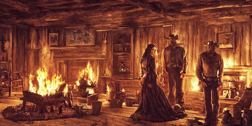 Image similar to in an old west cabin, close up shot of beautiful Mila Jovovich (alone) and Dave Bautista cowboy standing ((alone)) at his fireplace, in the style of Fredrick Remington, oil painting