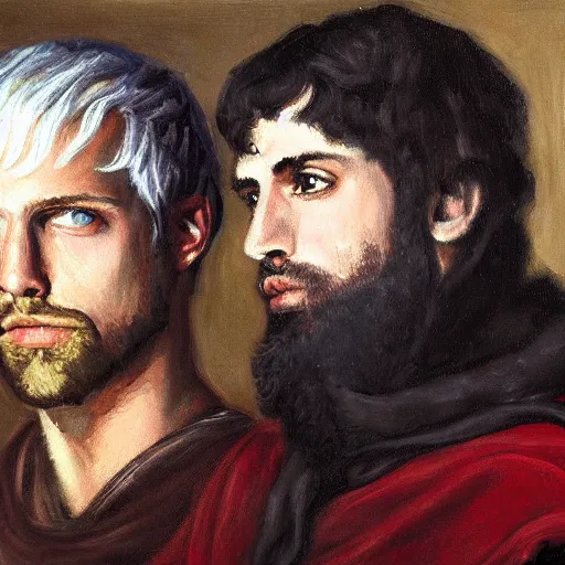 Prompt: Portrait of King Arthur and Merlin, oil canvas