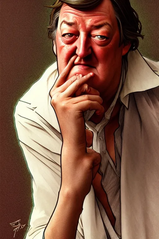 Image similar to stephen fry winking his left eye at the camera, in the style of art by artgerm and greg rutkowski and alphonse mucha