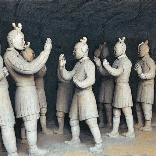 Prompt: A performance art. A rip in spacetime. Did this device in her hand open a portal to another dimension or reality?! terracotta warriors by Jean Delville, by William Gropper rigorous, ornate