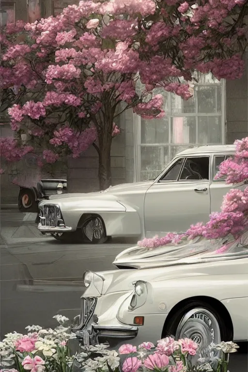 Image similar to ultra realistic illustration, old white vintage car in the new york city with flowers blooming out the window, side view, elegant, highly detailed, digital painting, concept art, smooth, sharp focus, illustration, art by artgerm and greg rutkowski and alphonse mucha