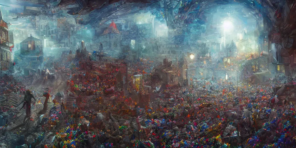 Image similar to and when this happens, and when we allow freedom ring, when we let it ring from every village and every hamlet, from every state and every city, ultrafine highly detailed hyper colorful illustration, sharp focus, rozalski, unreal engine highly rendered, global illumination, radiant light, intricate and detailed environment