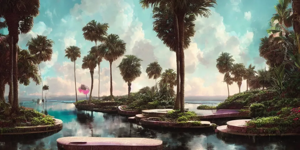 Image similar to artgem and greg rutkowski masterpiece, hyperrealistic surrealism, award winning masterpiece with incredible details, epic stunning, infinity pool, a surreal vaporwave liminal space, highly detailed, trending on ArtStation, calming, meditative, pink arches, palm trees, very vaporwave, very very surreal, sharp details, dreamscape