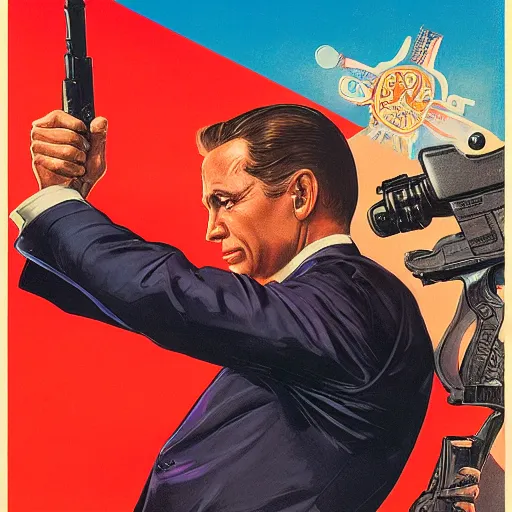 Image similar to propaganda poster of joe biden pointing gun directly at camera in james bond movie, closeup of gun, visible barrel and grip by j. c. leyendecker, bosch, lisa frank, jon mcnaughton, and beksinski