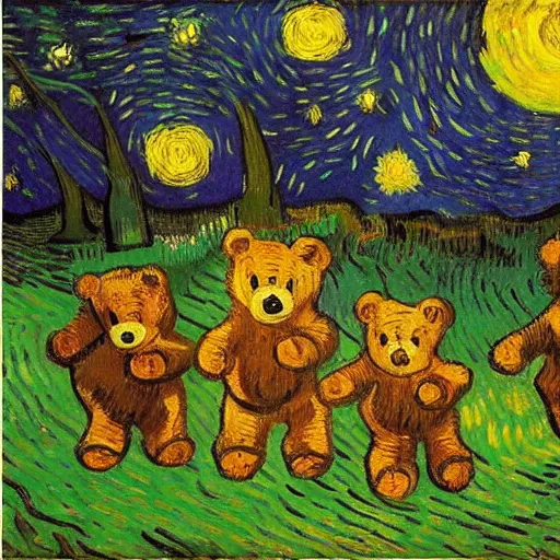 Prompt: painting of a teddy bear parade through a forest at night by Vincent Van Gogh