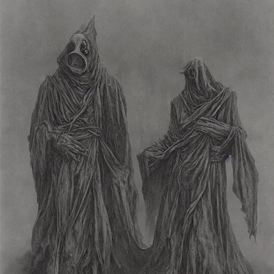 Image similar to plague doctor from iron gridle but human form, destroyed city and flames by zdzislaw beksinski, color