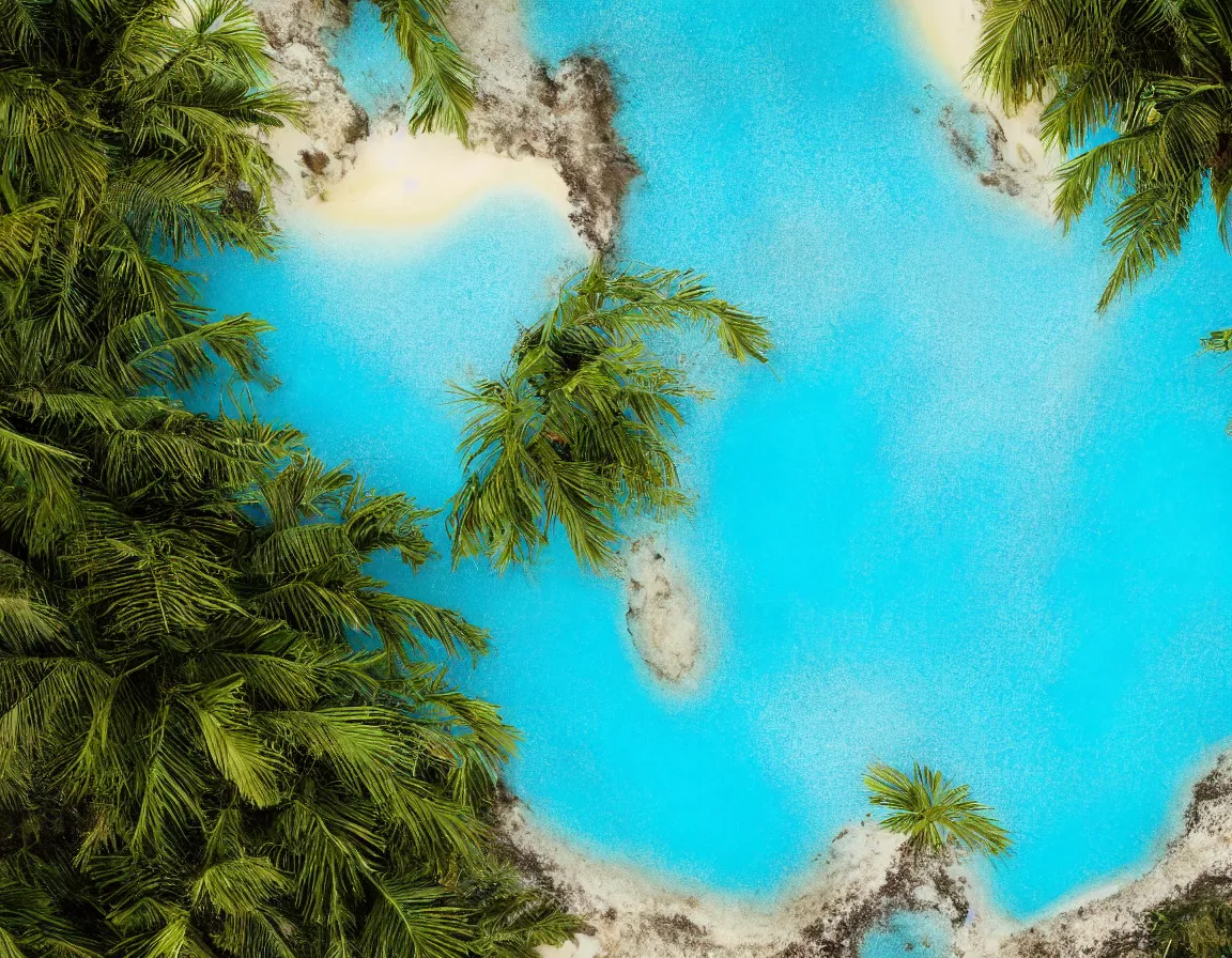 Prompt: closeup shot photo of ultra realistic blue lagoon with exotic palm tree heart / shaped sandy beach island, sunset lighting