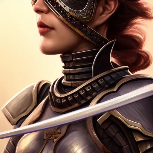 Image similar to portrait digital painting of an armored woman holding a sword by the handle. intricate, elegant, highly detailed, digital painting, artstation, concept art, smooth, sharp focus, illustration, by terry wei, qiu fang, tooth wu, kan liu, siwoo kim, jisu choe