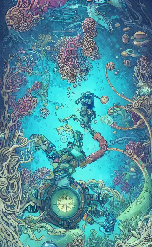 Image similar to a picture of mysterious colourful underwater creature, being discovered by a man in a steampunk diving suit. water is deep aquamarine coloured. poster art by james jean, concept art, behance contest winner, very detailed, award - winning. lovecraftian, cosmic horror, bioluminescence.