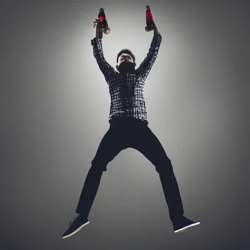 Image similar to portrait of a man jumping while holding a bottle by album cover, UHD, 4K, 8K