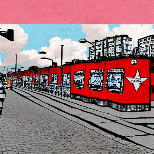 Prompt: soviet bus stop, in the style of daniel johnston and outsider art, 8k, line brush, overlaid with soviet adverts