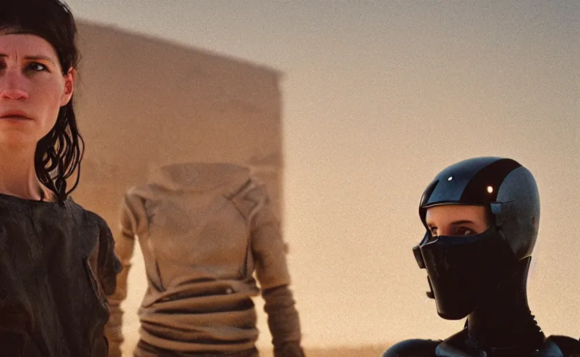 Image similar to cinestill 5 0 d photographic portrait by helen levitt of two loving female androids wearing rugged black mesh techwear on a desolate plain, extreme closeup, modern cyberpunk, dust storm, 8 k, hd, high resolution, 3 5 mm, f / 3 2, ultra realistic faces, ex machina