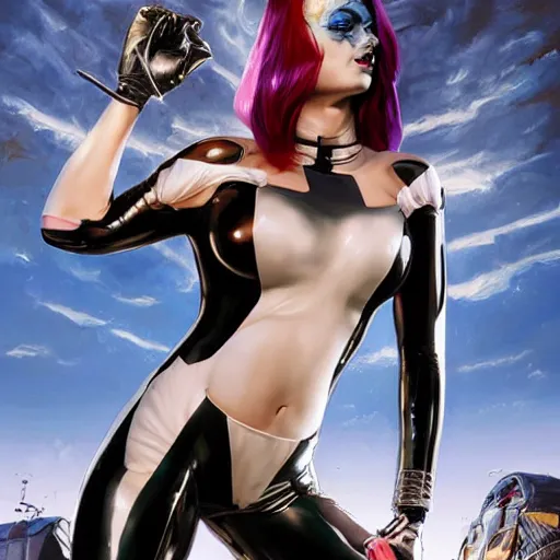 Image similar to a full bodied portrait of beautiful, mischievous, young woman in latex suit by sandra chevrier, detailed render, epic composition, cybernetics, 4 k realistic, cryengine, realistic shaded lighting, sharp focus, masterpiece, by matteo scalera, gary montalbano, peter elson in the style of the tokyo ghost comic, epic angles