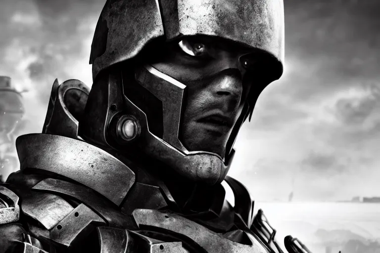 Image similar to still photo of a iron tech age war man looking at the camera in a battlefield, black and white color aesthetic, highly detailed, photorealistic portrait, bright studio setting, studio lighting, crisp quality and light reflections, unreal engine 5 quality render