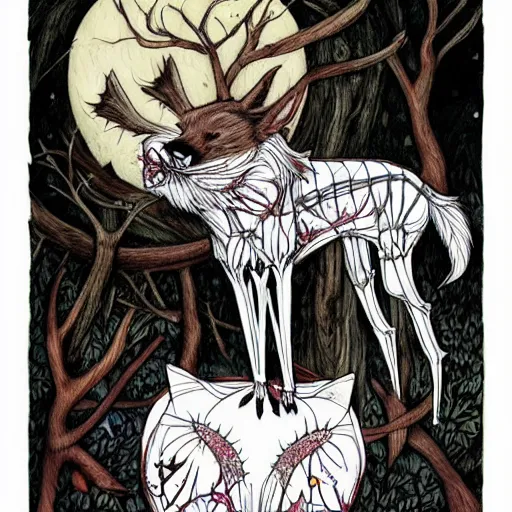 Prompt: a dream wolf eats the magical heart of a woodland faun who has her skeleton exposed, artwork by chiara bautista