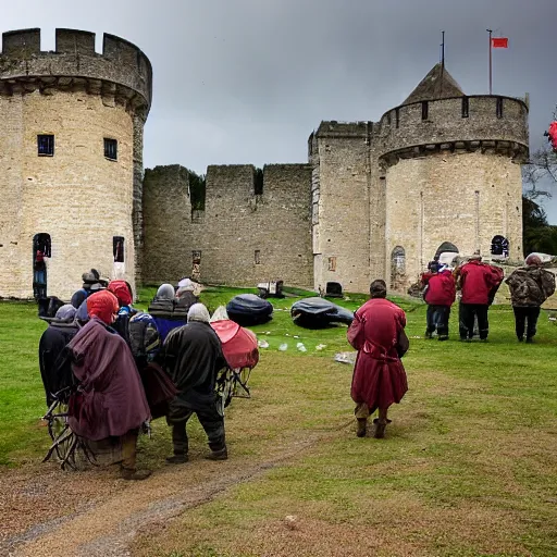 Prompt: an army camped around a medieval castle, trebuchet and other artillery at the ready, 1200s, English country side, cloudy and rainy,