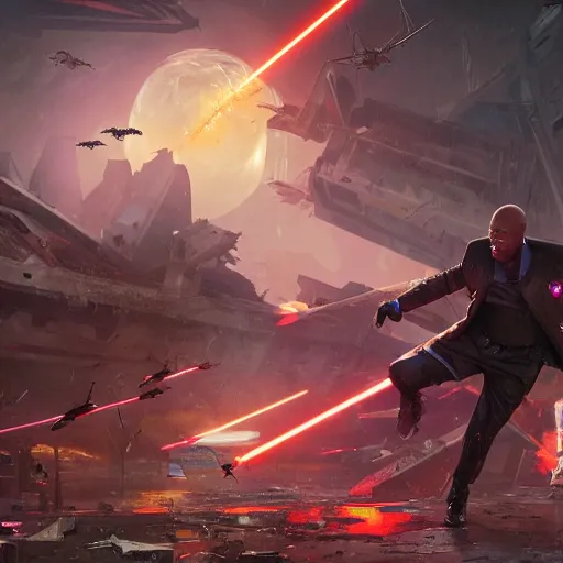 Image similar to mace windu fighting a group of pterodactyls in a destroyed cyberpunk city shooting lasers by greg rutkowski