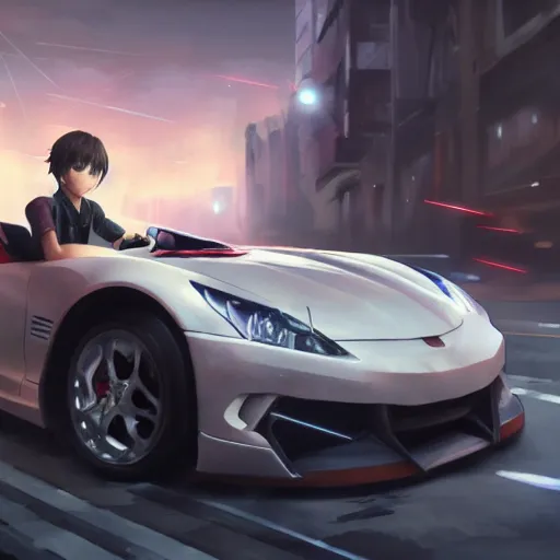 Image similar to a young anime man driving a sports car, style game square enix life, trending on artstation, painted by greg rutkowski, render naughty dog, octane render, detailed