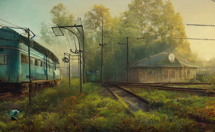 Prompt: An abandoned train station by Simon Stalenhag and Walt Disney, hyperrealism art, cinematic lighting, overgrown swedish urban landscape, disney concept art, 8k resolution, trending on artstation