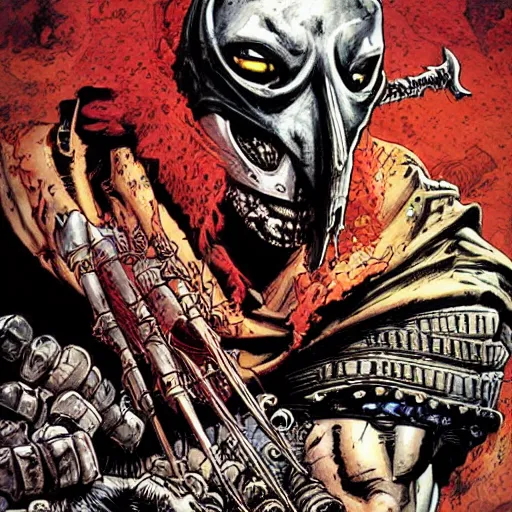 Prompt: precisely drawn illustration of Kull the Conquerer blended with Bane from Batman, wide angle, sharp, fine details, French comic style, vibrant realistic colors, full color, heroic fantasy, intense line art, 8k, precise linework, realistic, in the style of Heavy Metal Comics and Richard Corben and Moebius