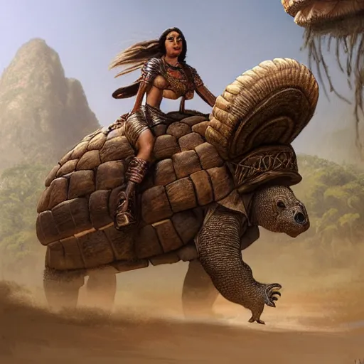 Prompt: incan riding a glyptodon, fullbody, fantasy, intricate, elegant, highly detailed, digital painting, artstation, longspear, concept art, smooth, sharp focus, illustration, art by greg rutkowski and justin gerard