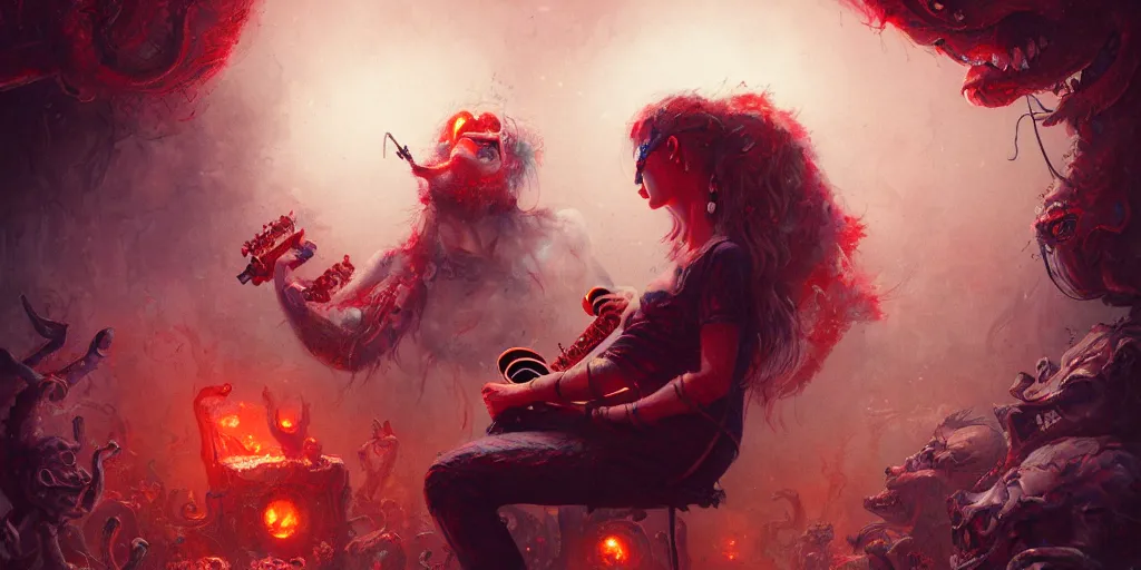 Prompt: maniac playing music in hell, detailed intricate illustration, detailed illustration, hd, 4 k, digital art, overdetailed art, by greg rutkowski, by loish, complementing colors, trending on artstation, deviantart