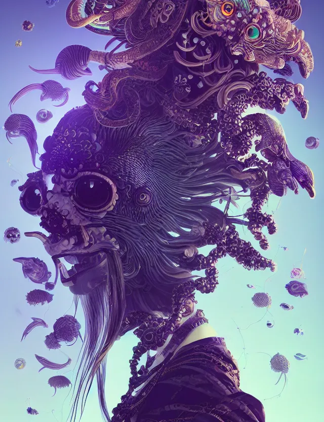 Image similar to 3 d goddess close - up profile solarpunk portrait ram skull. beautiful intricately detailed japanese crow kitsune mask and clasical japanese kimono. betta fish, jellyfish phoenix, bio luminescent, plasma, ice, water, wind, creature, artwork by tooth wu and wlop and beeple and greg rutkowski