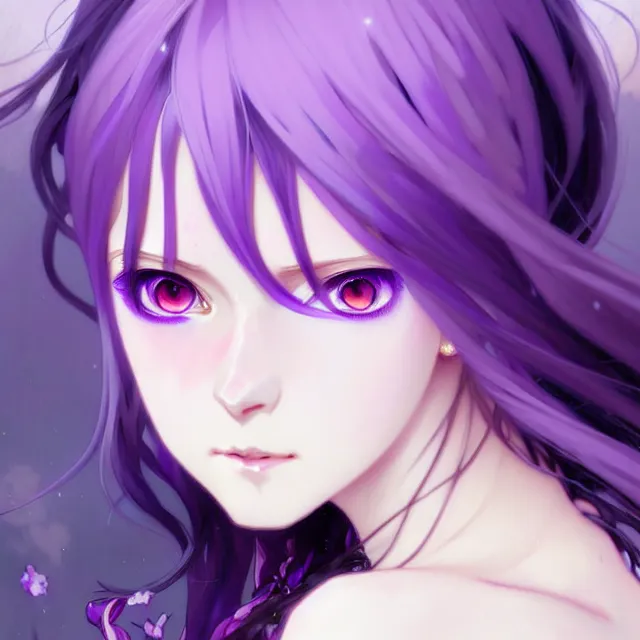 Prompt: anime girl with lavender hair, purple eyes and white dress, black jewellery, digital artwork, very beautiful face, pretty smile, extremely detailed art by greg rutkowski and alphonse mucha