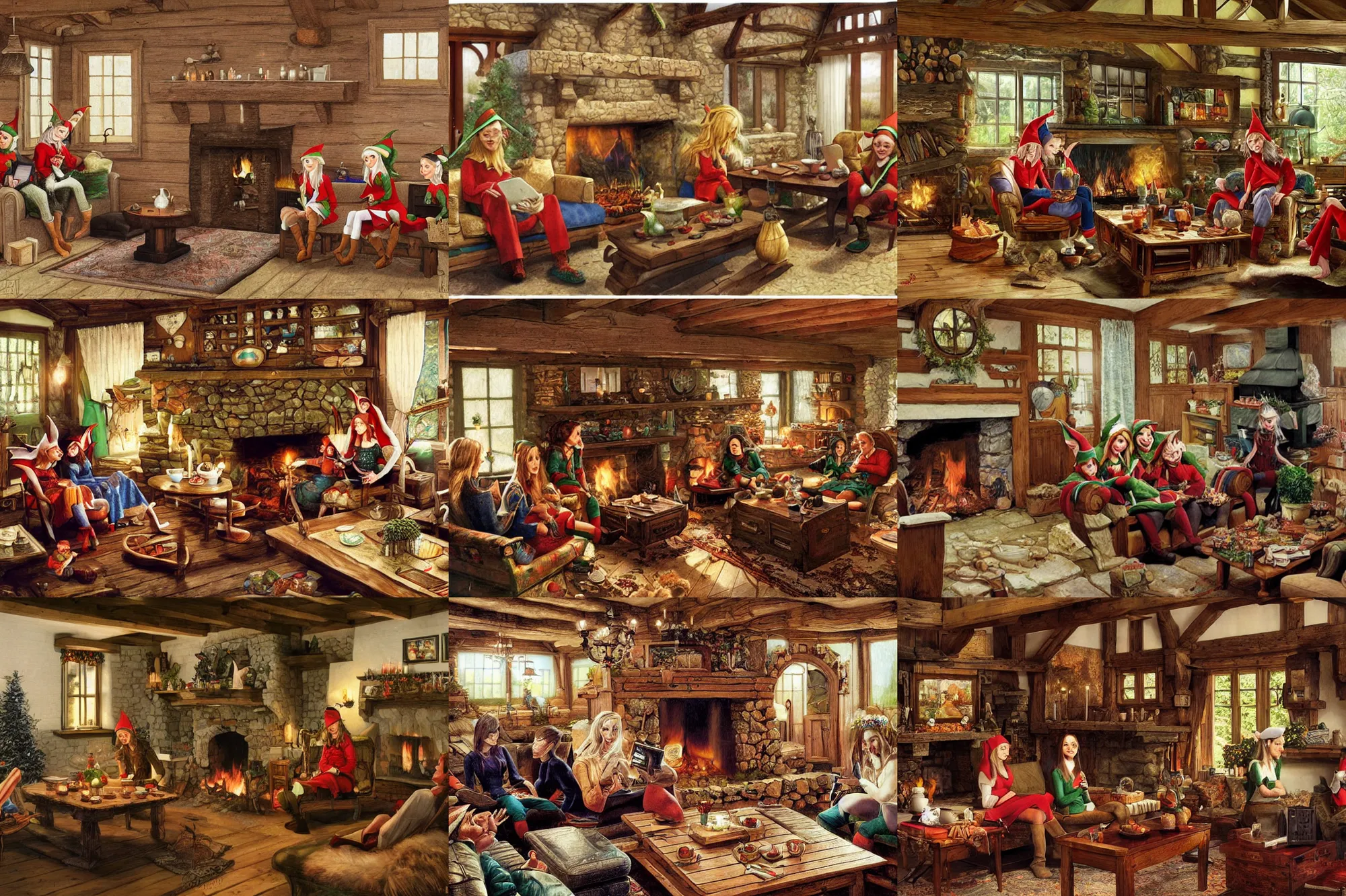 Prompt: wooden cottage, living room, elves sitting on the couch, high-tech devices on the table, traditional fireplace, by Alex Horley, by Yuumei